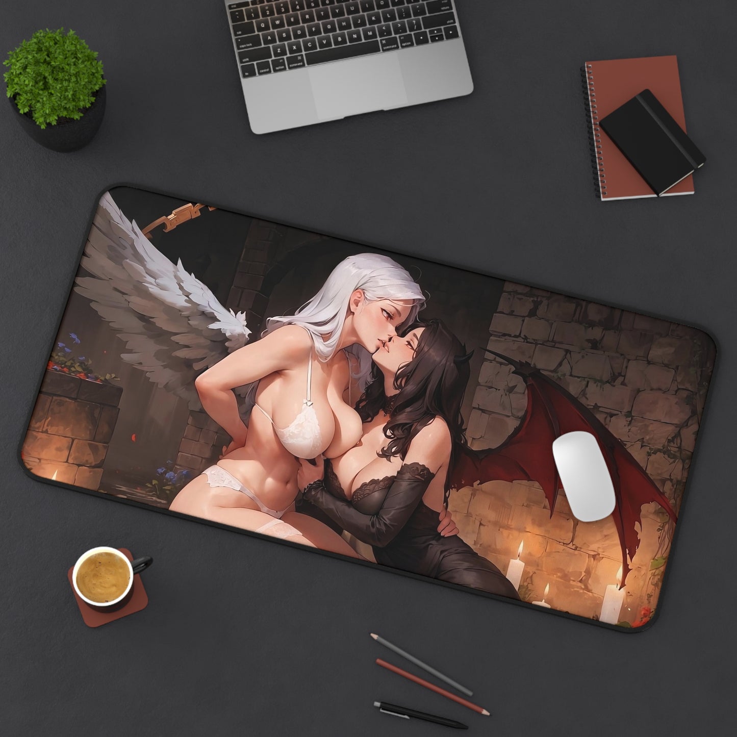 Lewd Mouse Pad | Demon and Angel Kissing | Yuri | Sexy Anime Girls | Ecchi | Waifu | Otaku