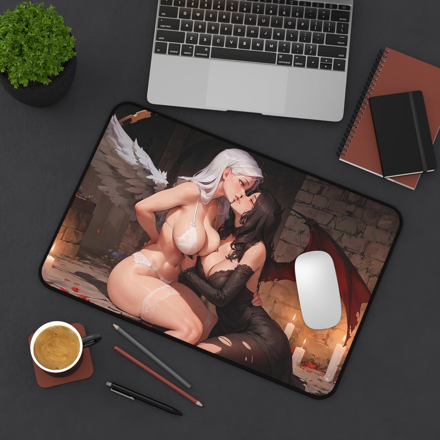 Lewd Mouse Pad | Demon and Angel Kissing | Yuri | Sexy Anime Girls | Ecchi | Waifu | Otaku